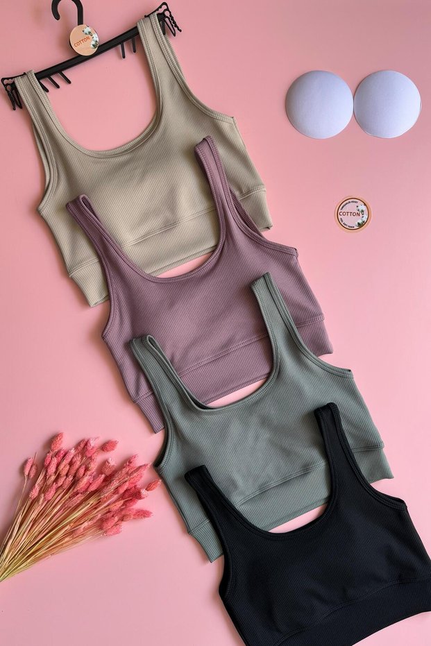 Zaphir | 4-Piece Black, Dusty Rose, Green and Cream Colored Strap Camisole Women's Sports Tank Top with Pads