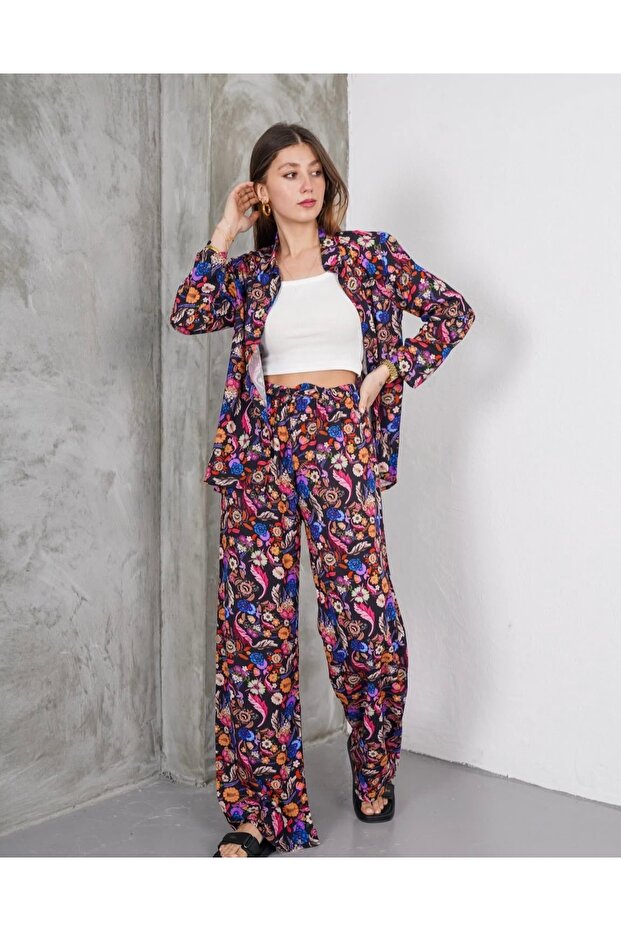 Women's Black Floral Patterned Bottom Top Viscose Set