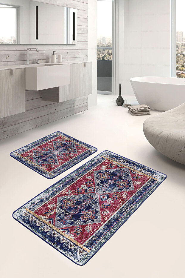 Red Navy Blue Geometric Ethnic Patterned 2-Piece Non-Slip Base Washable Bath Mat Set