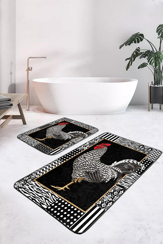 Rooster Patterned Black and White Framed 2-Piece Non-Slip Base Washable Bath Mat Set