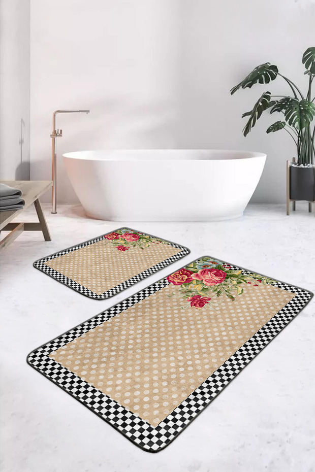 Black and White Checkered Edge with Pink Flowers on Beige Floor 2-Piece Non-Slip Base Washable Bathroom Mat Set