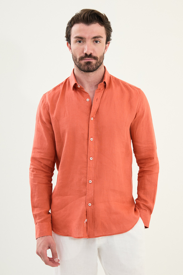 Plain Slim Fit Long Sleeve 100% Linen Men's Shirt Orange - 27079.25Y