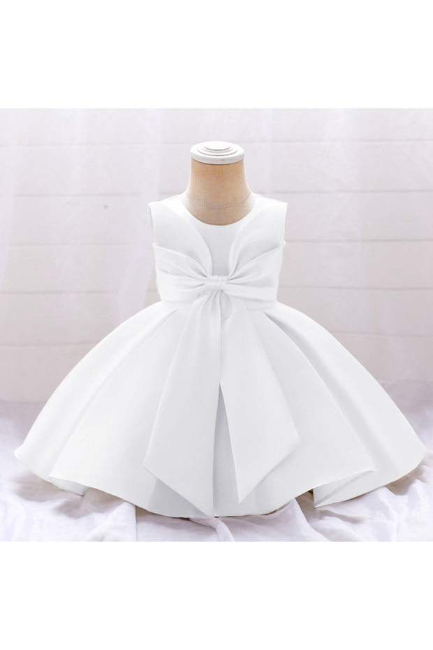 Fluffy Party Dress with the Bowl in front for Girls White Colour