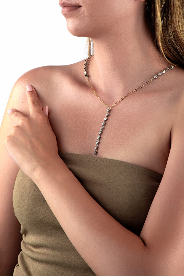 Double Color Paper Clip Chain Triangle Cut Stone Y Necklace