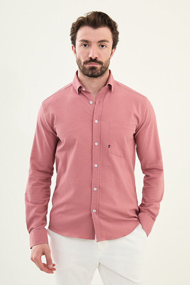 Patterned Slim Fit Long Sleeve Men's Shirt with Pocket Detail Pink - 27080.25Y