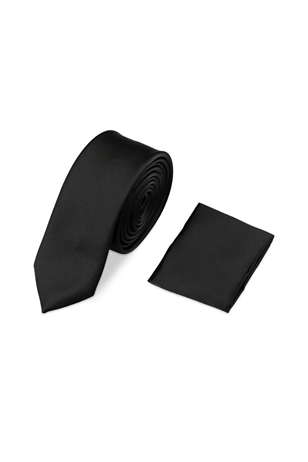 Siyah Saten Kravat Mendil Set - 1