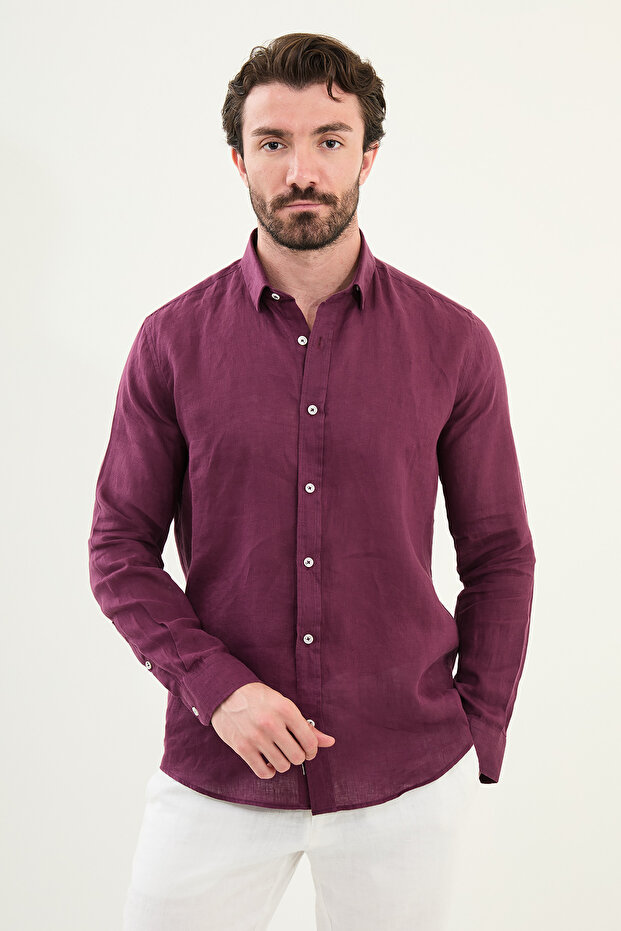 Plain Slim Fit Long Sleeve 100% Linen Men's Shirt Plum - 27079.25Y