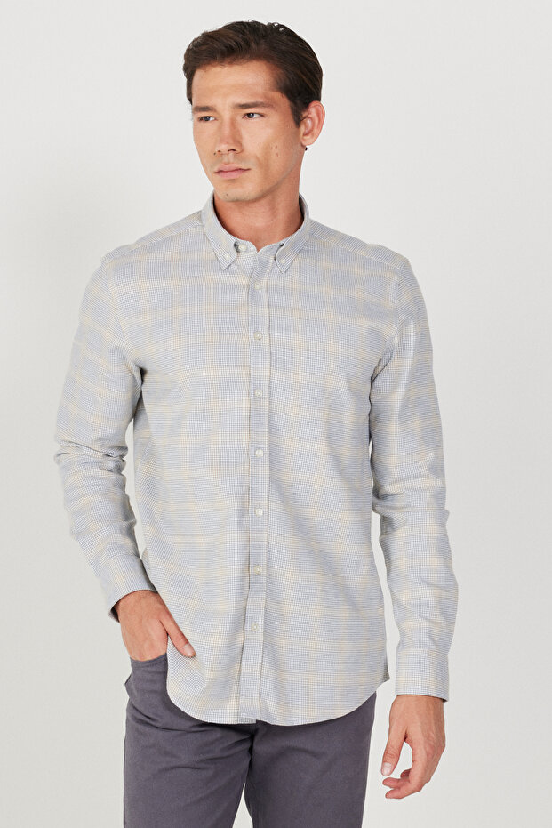 Men's Beige-Grey Slim Fit Slim Fit Button Collar 100% Cotton Jacquard Shirt