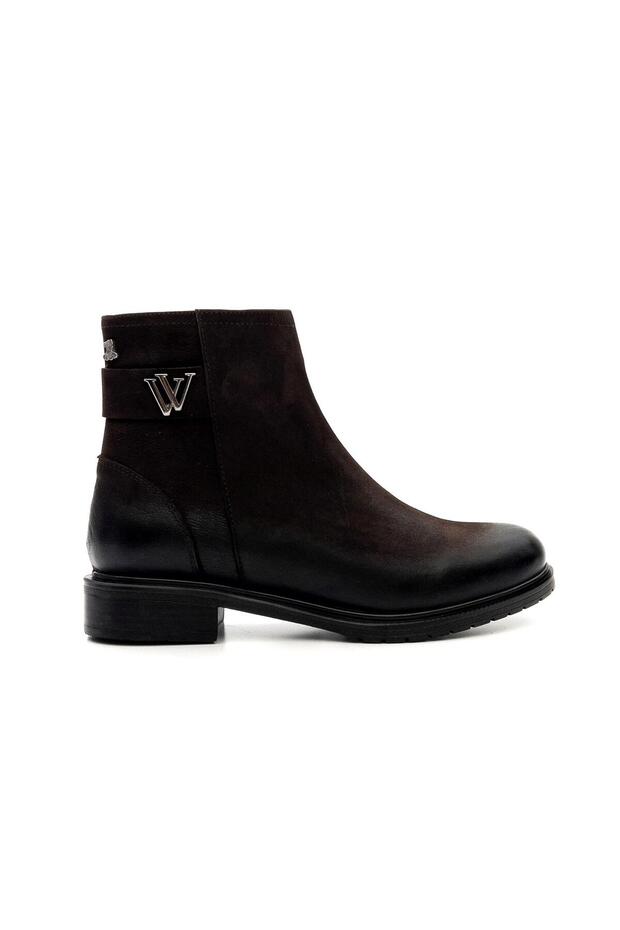 20745K Women's Genuine Leather Buckle Short Zipper Boots