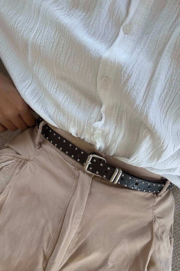 Mia Studded Thin Silver Buckle Belt