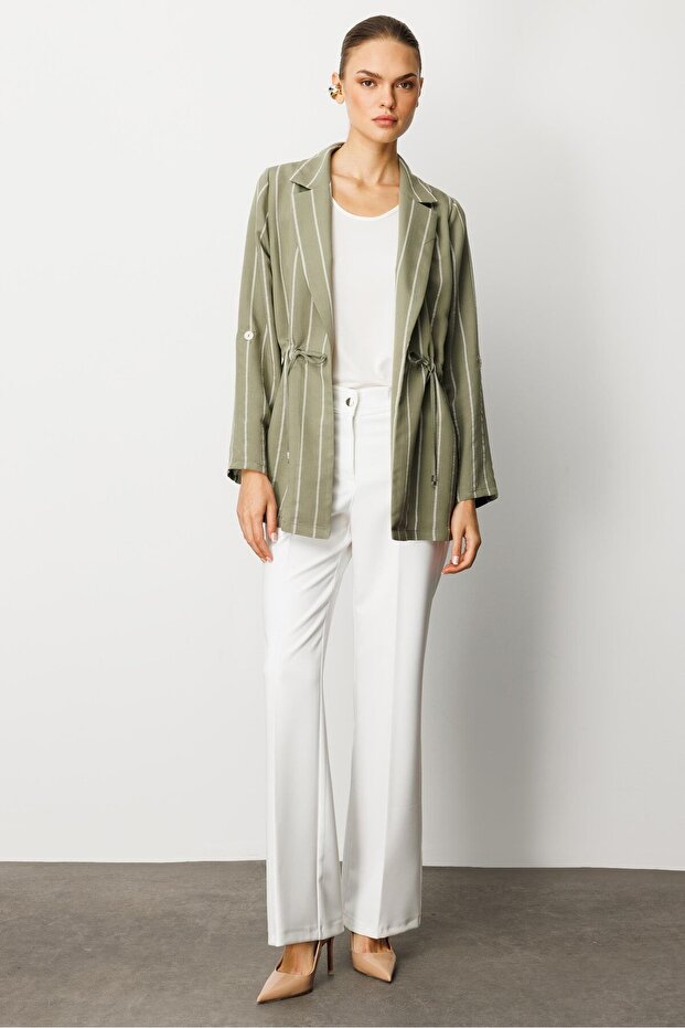 Modailgi Mono Collar Safari Sleeve Waist Tunnel Lace-Up Double Tunic with Blouse Inside Khaki
