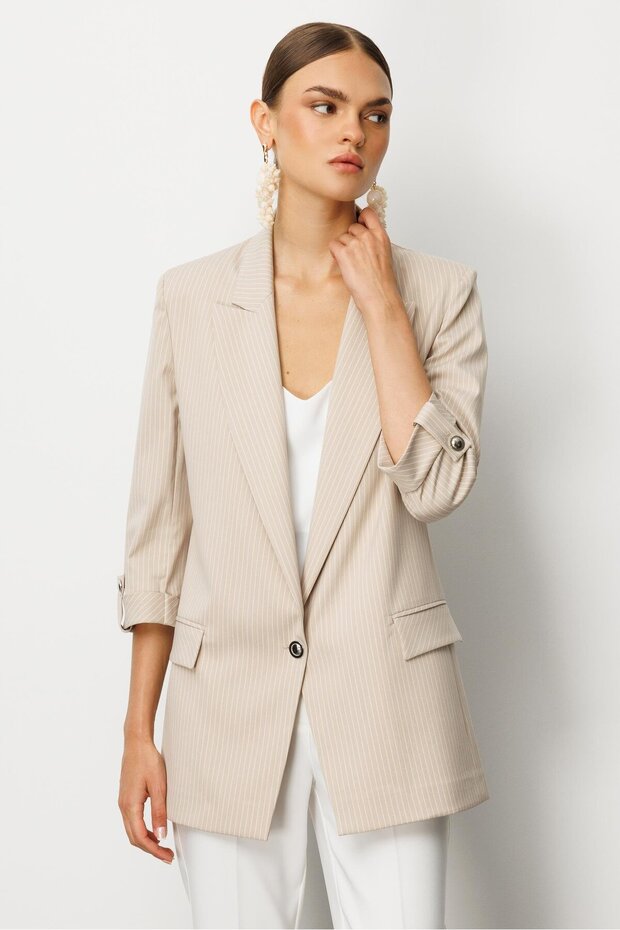 Modailgi Oversize Tek Düğme Kapama Truvakar Kol Çizgili Yarım Astarlı Ceket Taş - 1