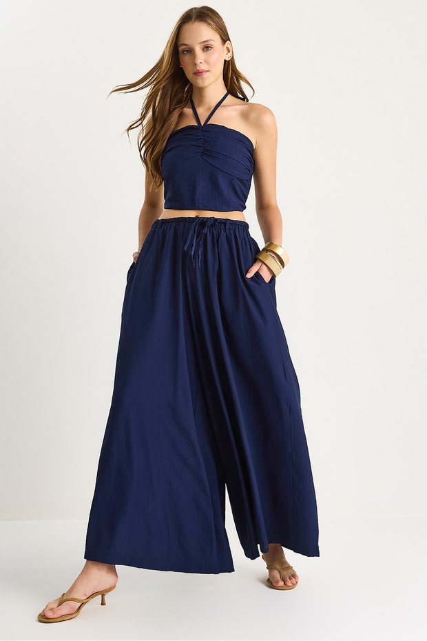 Women's Navy Blue Halter Neck Blouse with Gipe Detail on the Back, Skirt and Trousers Set 5007 60283495