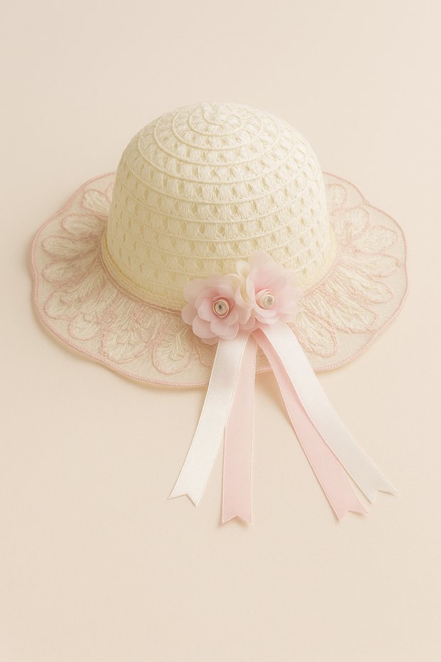 Girls' Pink Bow Summer Straw Hat with Pearl and Bead Decoration 3-8 Years Old