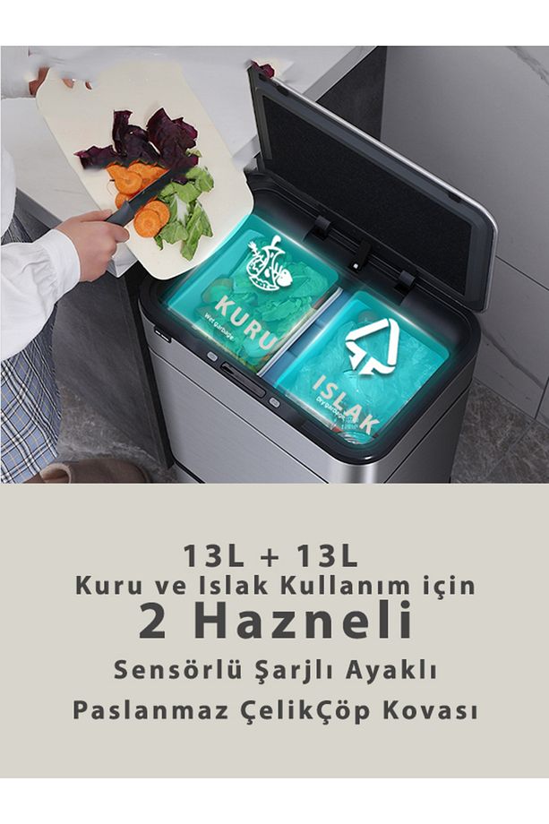 Çift Hazneli Sensörlü Paslanmaz Çelik Şarjlı Ayaklı Çöp Kovası 26L - 5
