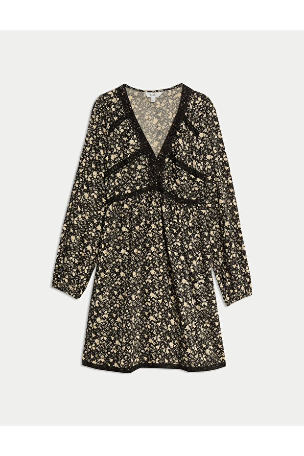 Baskılı Dantel Detaylı Mini Elbise - 2