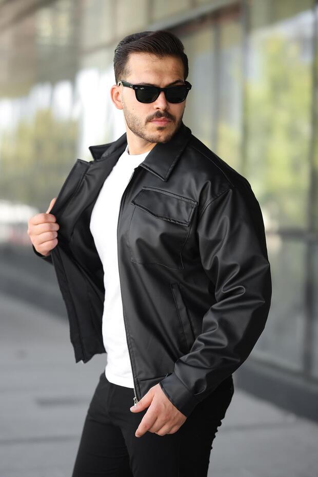 Large Pocket Cover Faux Leather Coat Bl 1758_50391-1