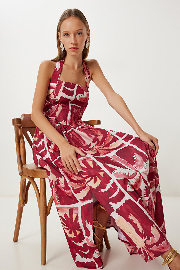 Patterned Summer Midi Poplin Dress Lub0139 Bordo Yellow