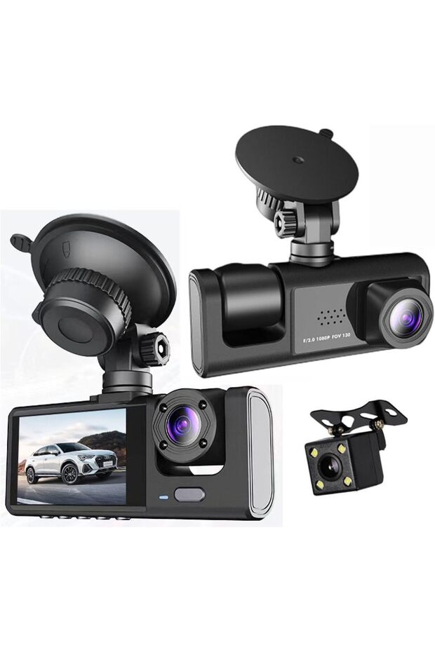MUNTAQI 3 Channel Dash Cam Front and Rear with Interior – 1080P Full HD Car Camera with Night Visi