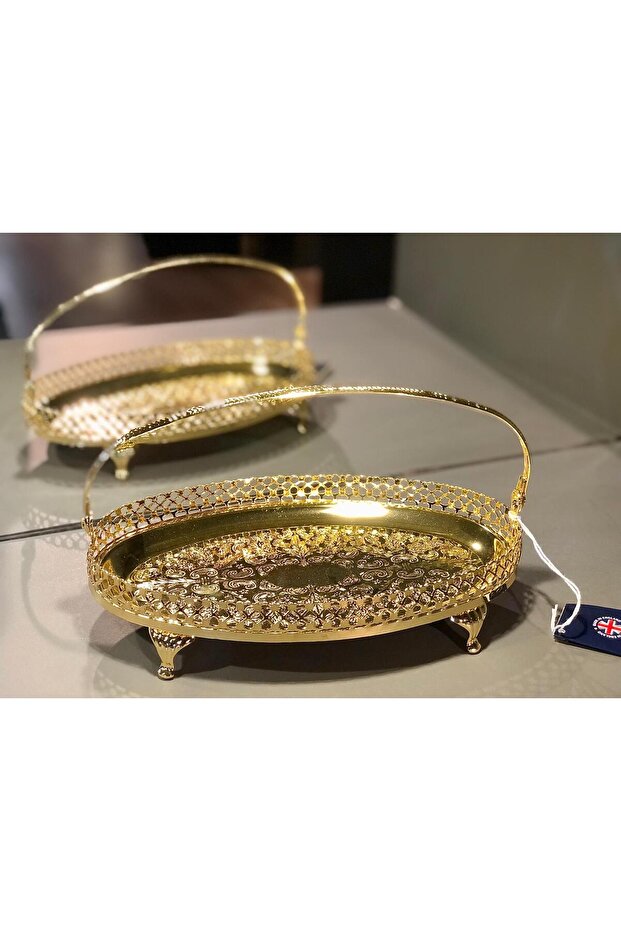 Queen Anne Qa 129 Kulplu Tepsi Oval Ayaklı Altın 23*15 - 1