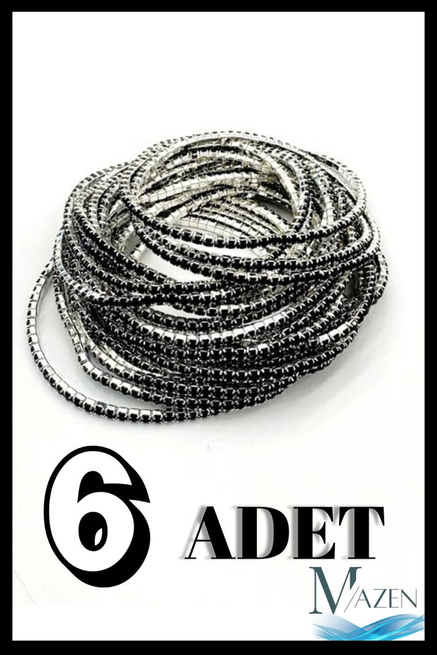 6-Piece Waterway Elastic Bracelet | Sparkling Stone Detailed | Black-Grey Color Set