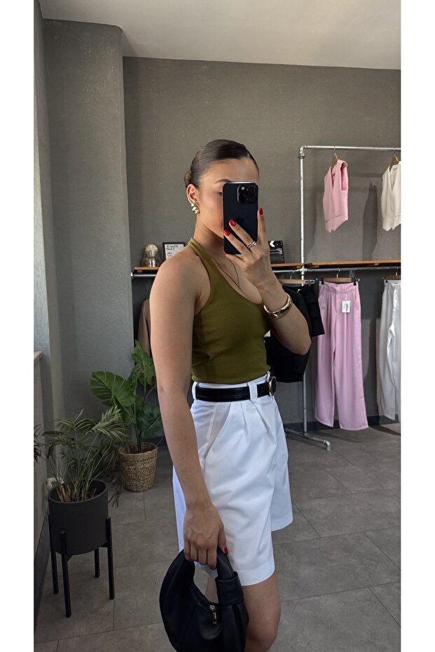 بلوزة مضلعة بياقة رسن وظهر مكشوف - 4