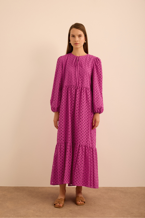 Hacimli Cotton Brode Elbise - 2