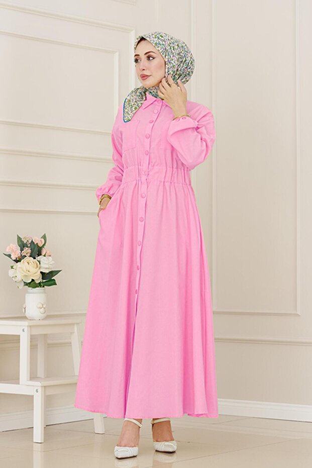 Elastic Waist Pocketed Yasmin Dress-Pink