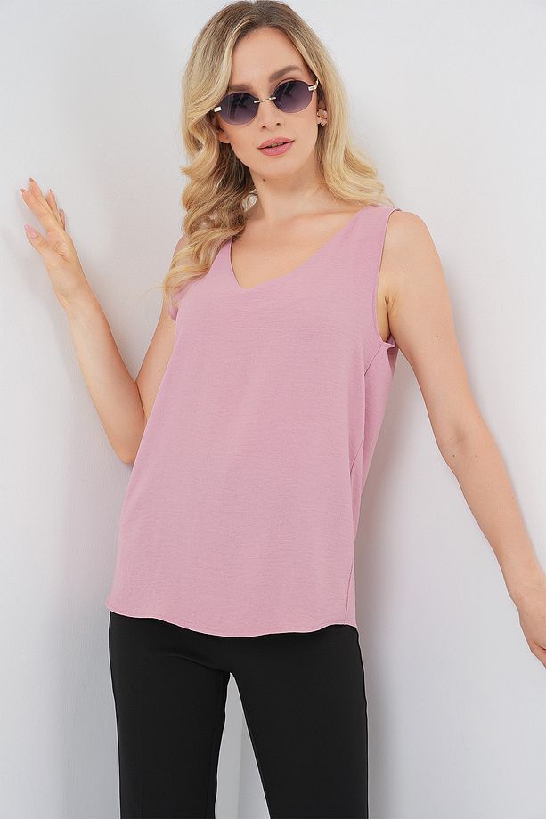 V Yaka Sıfır Kol Bluz 950 - Pembe - 4