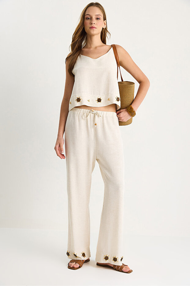 Women's Beige Thin Strap V-Neck Blouse Comfortable Fit Pants Linen Set with Accessories B28-4900 60283506