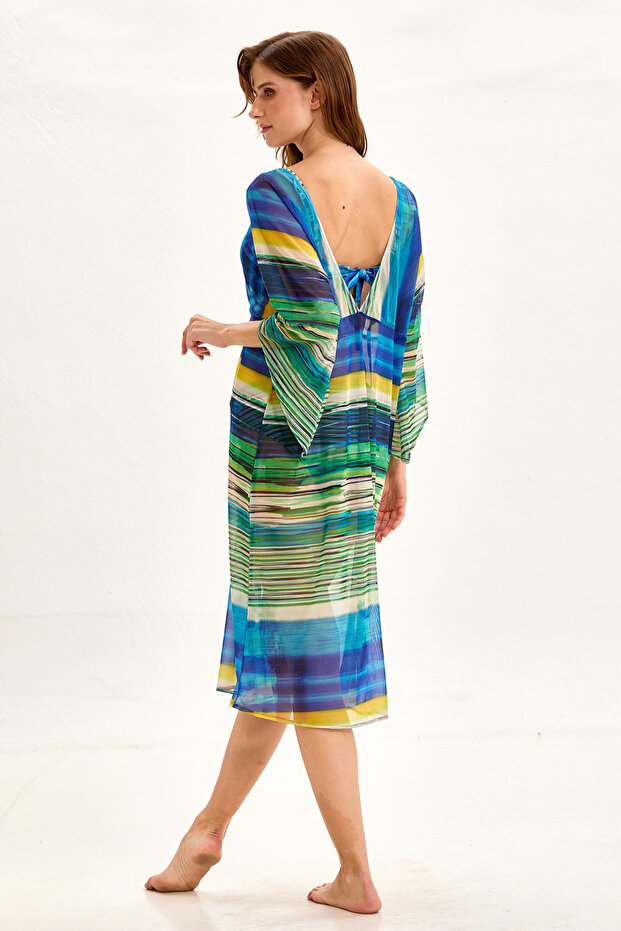 قفطان بتفاصيل حلقة مخططة باللون الأخضر - 2