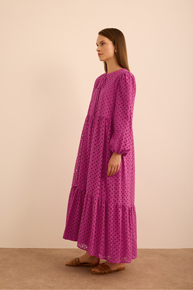 Hacimli Cotton Brode Elbise - 4