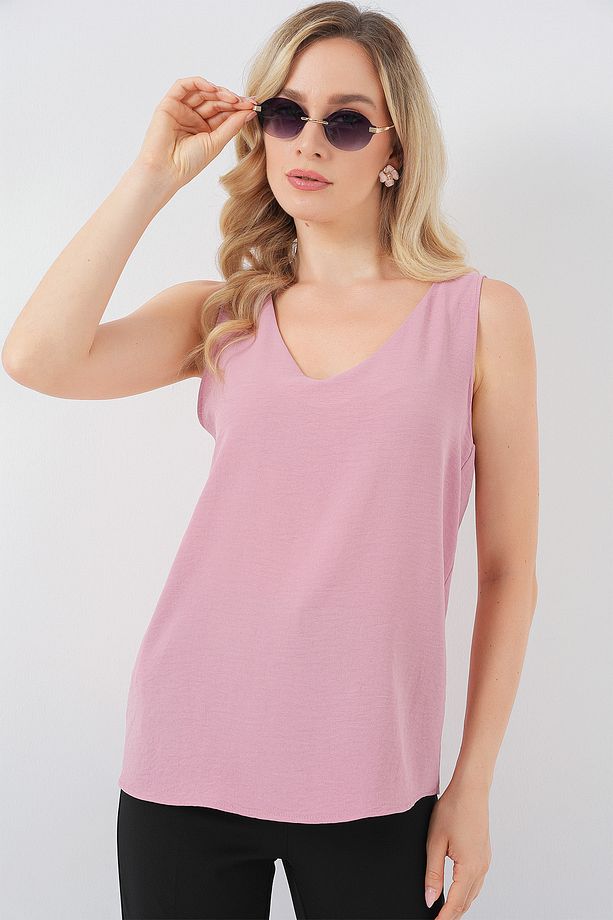 V Yaka Sıfır Kol Bluz 950 - Pembe - 3