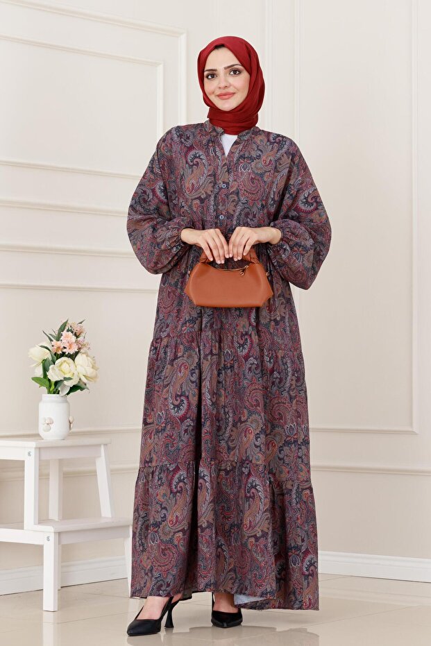 Shawl Pattern Half Button Robe Dress-Purple - 2