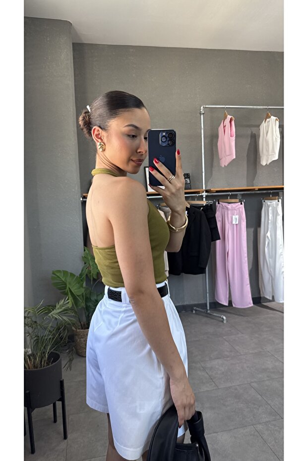 بلوزة مضلعة بياقة رسن وظهر مكشوف - 5