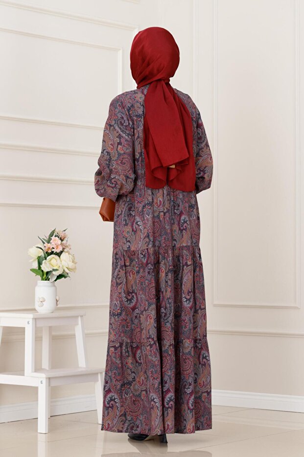 Shawl Pattern Half Button Robe Dress-Purple - 5