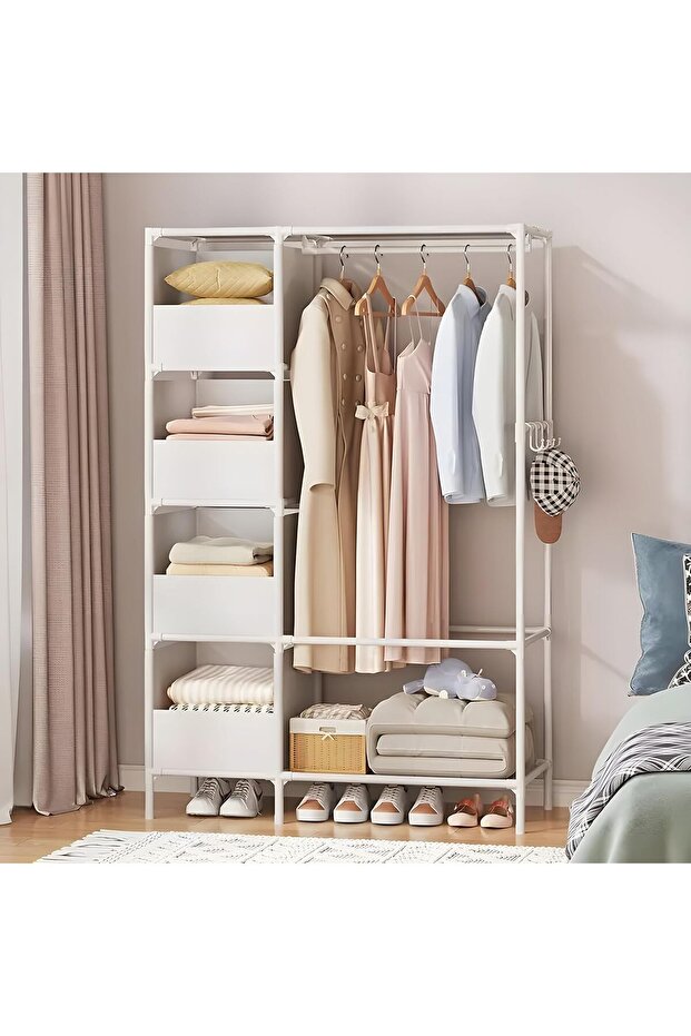 Multipurpose Clothing Garment Coat Rack with 4-Basket and Hooks Heavy Duty Metal Clothes Shelf Stand