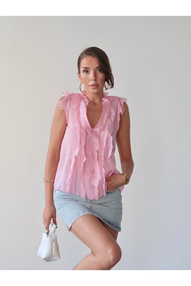 Women's Pink Luxury Quality Ruffled Sleeveless Transparent Shirt