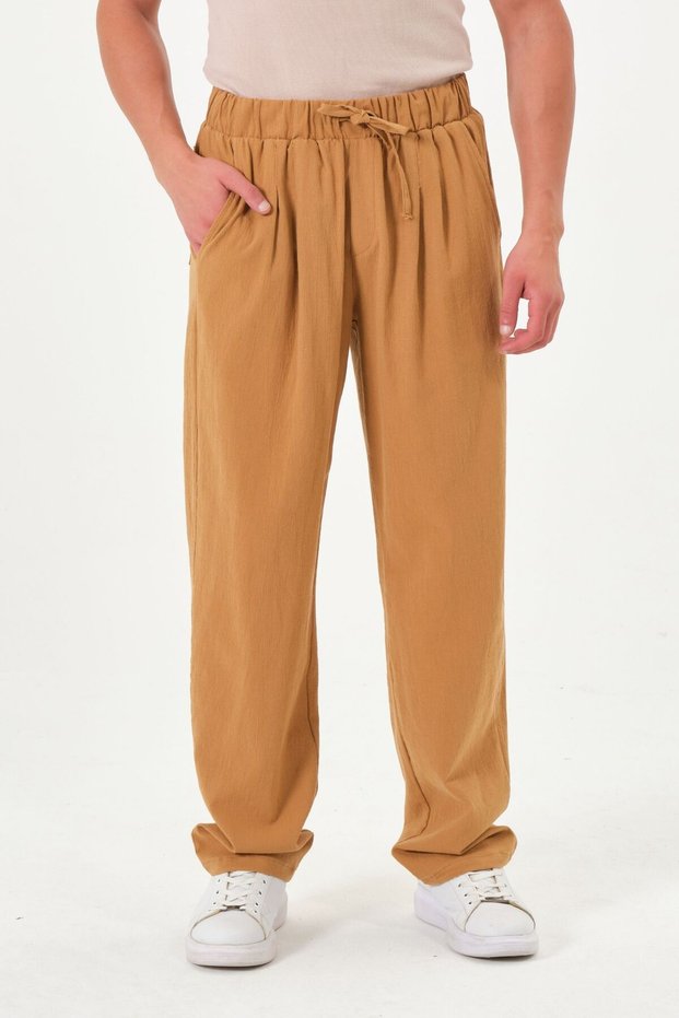 100% Cotton Light Fabric Wide Leg Comfortable Fit Trousers Camel