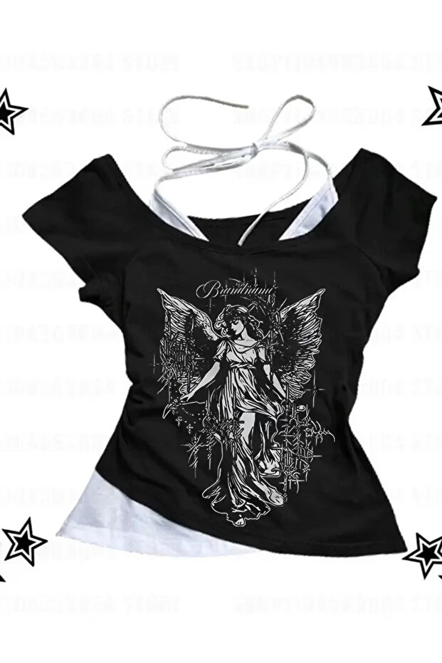 Black Gothic Angel Women Collar Additional Strap Short Sleeve Full Body Crop