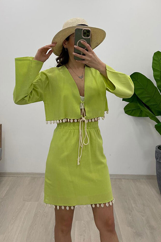 Women's Mussel Shell Detailed Blouse Skirt Bottom Top 2 Piece Set