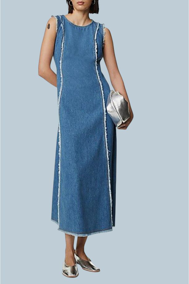 Pamuklu Denim Midi Boy Elbise - 1