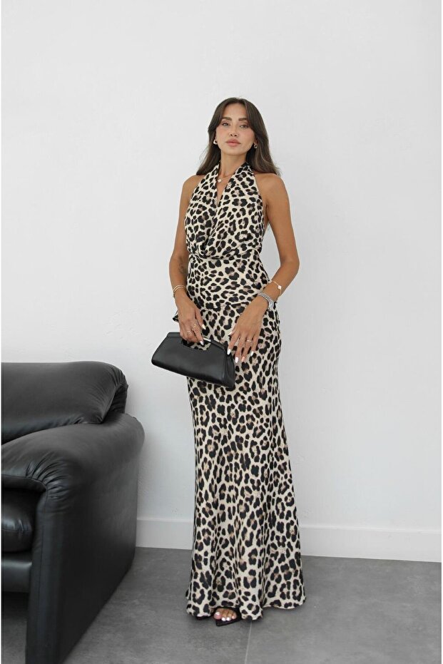 Leopard Patterned Satin Degaje Collar Blouse Skirt Suit