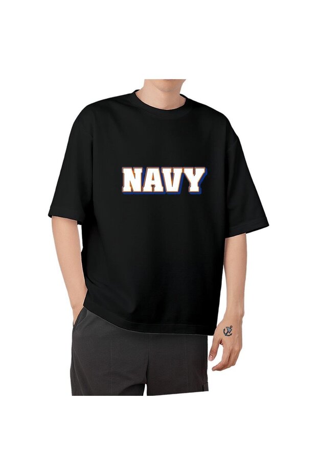 Oversize Extrusion Navy Lettering Chest Design Unisex T-Shirt