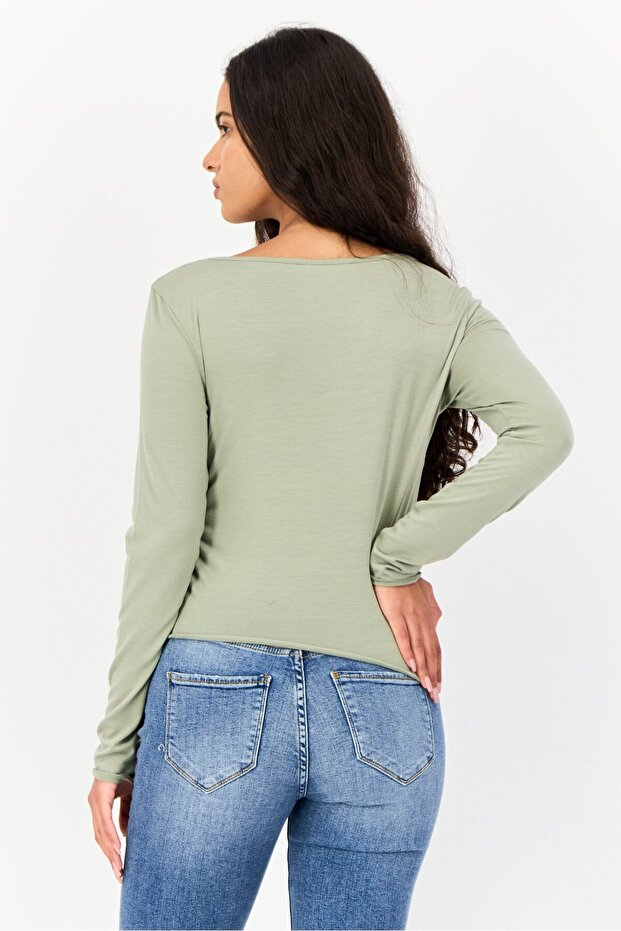 Women Round Neck Long Sleeve Plain Top, Sage Green - 2
