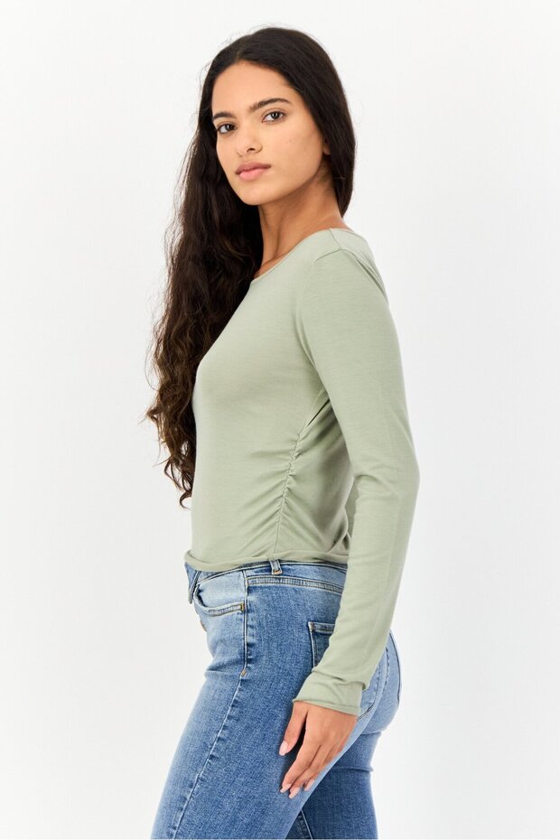 Women Round Neck Long Sleeve Plain Top, Sage Green - 3