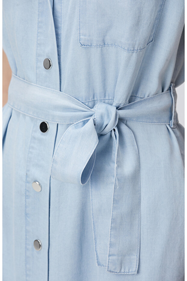 Açık Mavi Midi Denim Elbise - 6