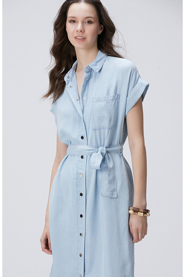 Açık Mavi Midi Denim Elbise - 1