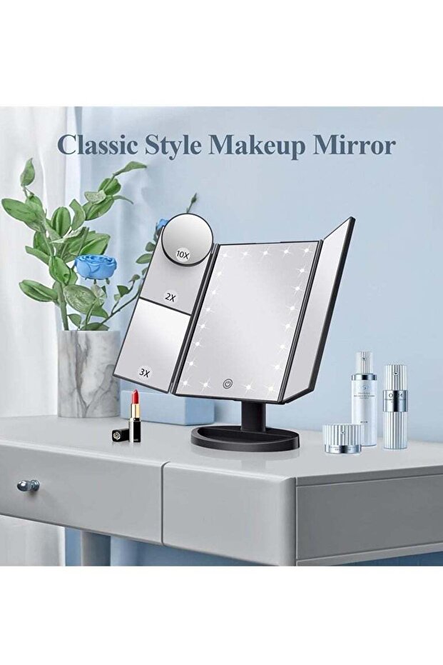 Triple Folding LED Cosmetic Mirror, Portable Touch Control Glossy for Dresser