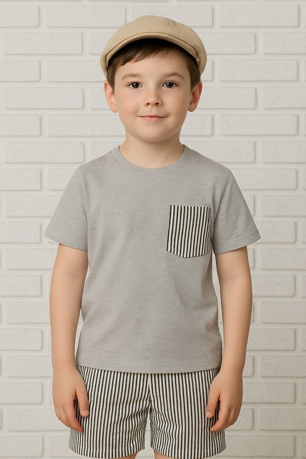 Boy's Suit I Children's Summer Suit I T-Shirt and Striped Shorts Combination Pocket Detail I Children's Clothing